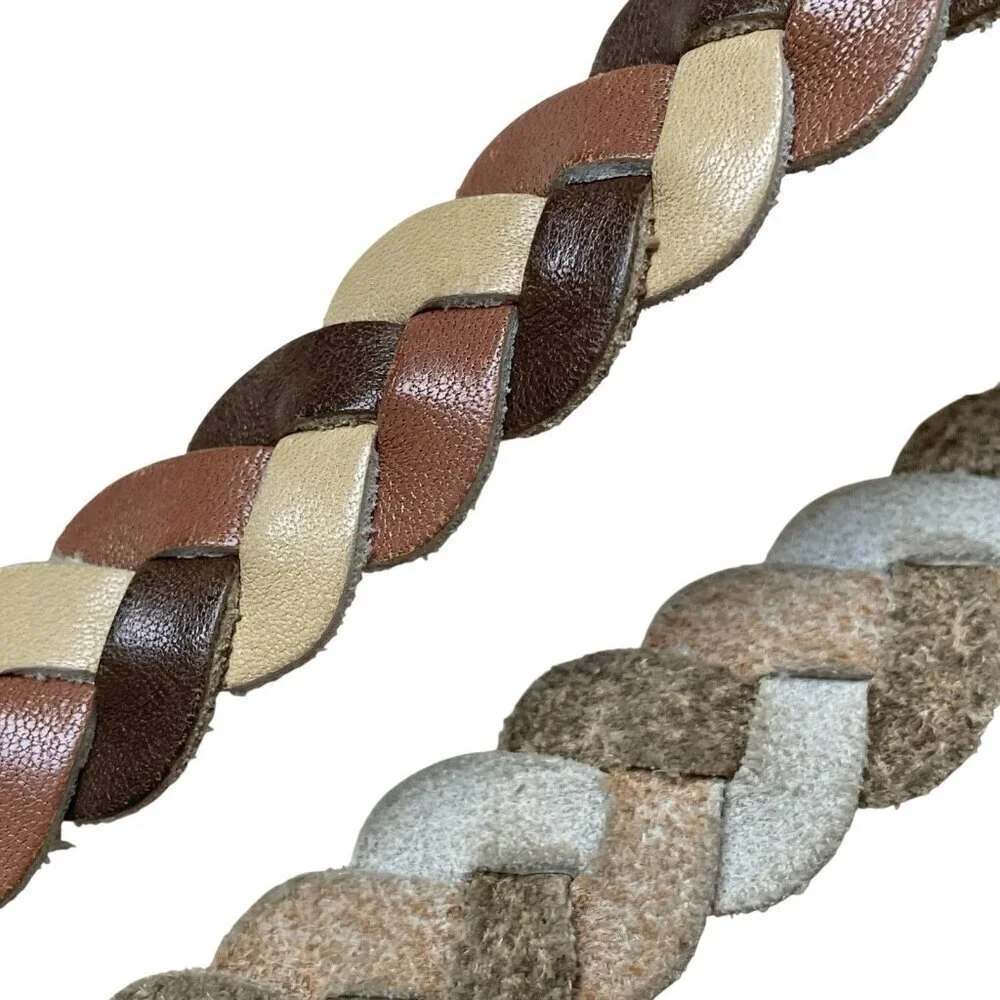 VTG 80s Preppy Academia Leather Braided Tricolor Belt Women’s S 35” Brown Tan